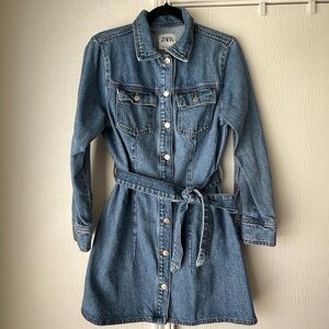 Zara Long Sleeve Denim Button-Front Shirt Dress with Tie Large